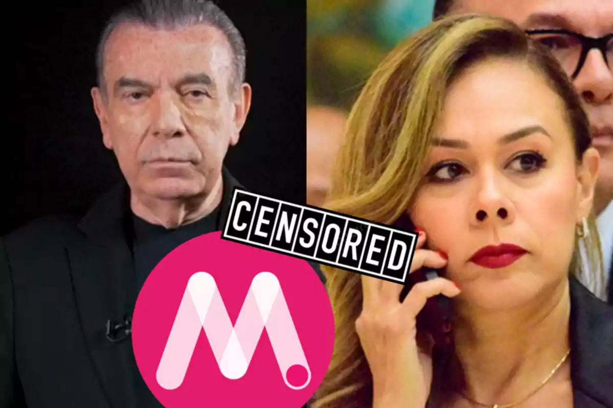Two people appear in the image, one on the left with a serious expression and the other on the right talking on the phone, with a pink logo and the word "CENSORED" overlaid.
