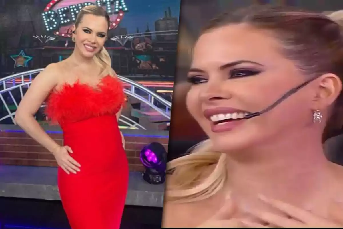 Alejandra Maglietti pregnant in a red dress posing on a television set and smiling while wearing a headset microphone.