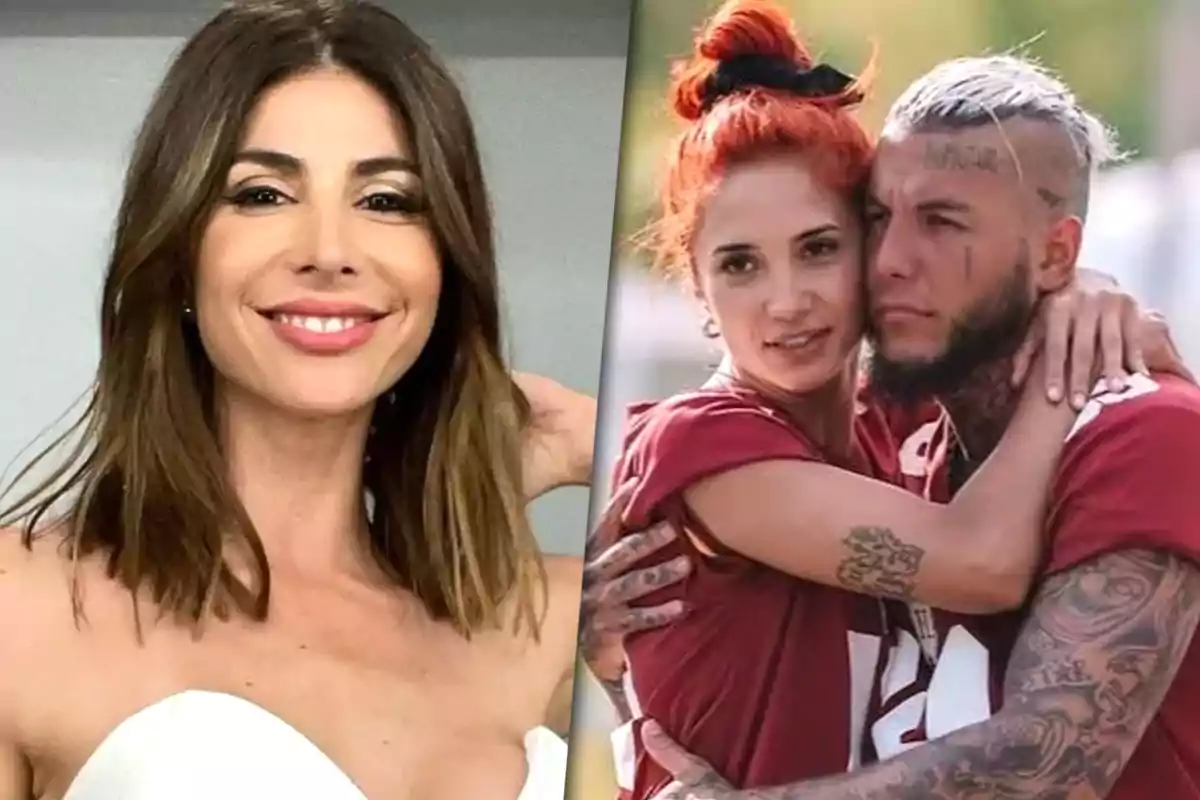 Una mujer sonriente con cabello castaño y un vestido blanco a la izquierda, y una pareja abrazándose a la derecha, la mujer tiene el cabello rojo y el hombre tiene tatuajes visibles.