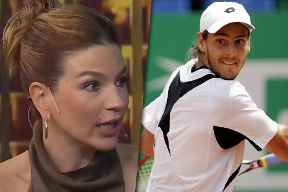 A woman with a headset microphone is speaking while a man is playing tennis on a court.