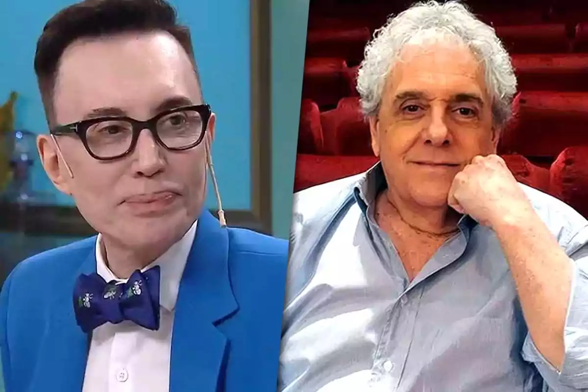 Dos personas en una imagen dividida, una lleva gafas y un traje azul con pajarita, la otra está sentada con una camisa clara y fondo de asientos rojos.