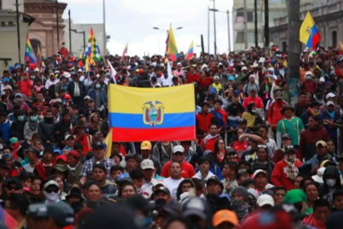 Una multitud de personas marcha sosteniendo una bandera de Ecuador y otras banderas coloridas.