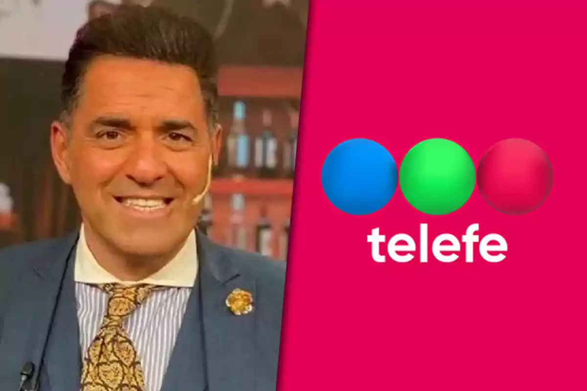 Un hombre sonriente con un micrófono en la oreja y el logo de Telefe a su lado.