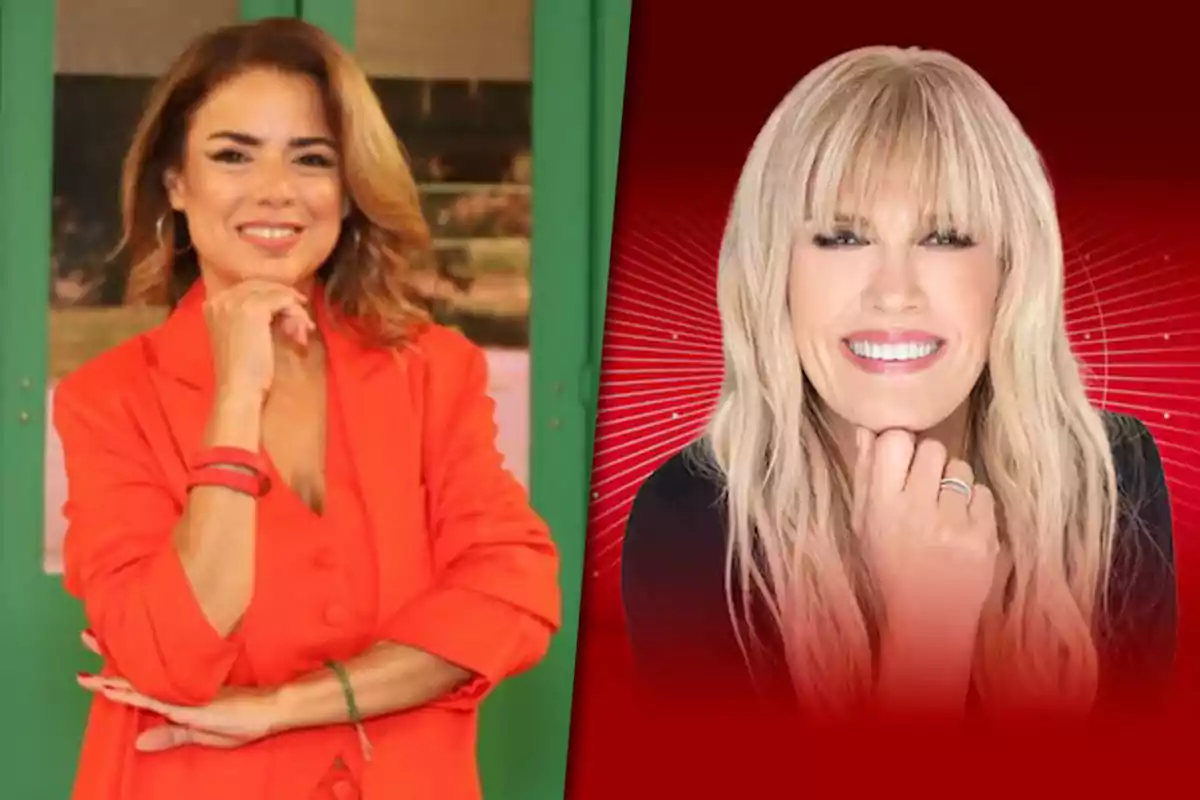 Dos mujeres posando sonrientes, una con un traje rojo y la otra con cabello rubio y fondo rojo.