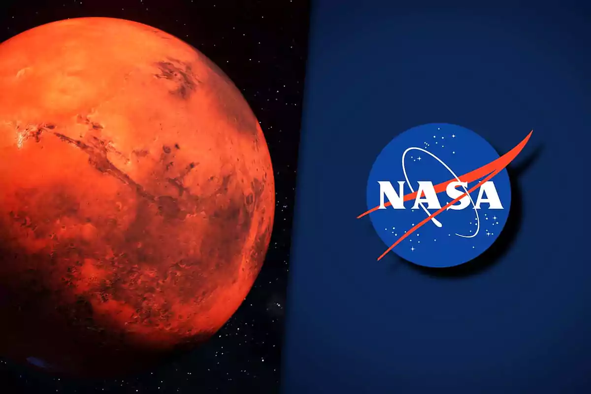 Planeta Marte a la izquierda y logotipo de la NASA a la derecha sobre fondo azul