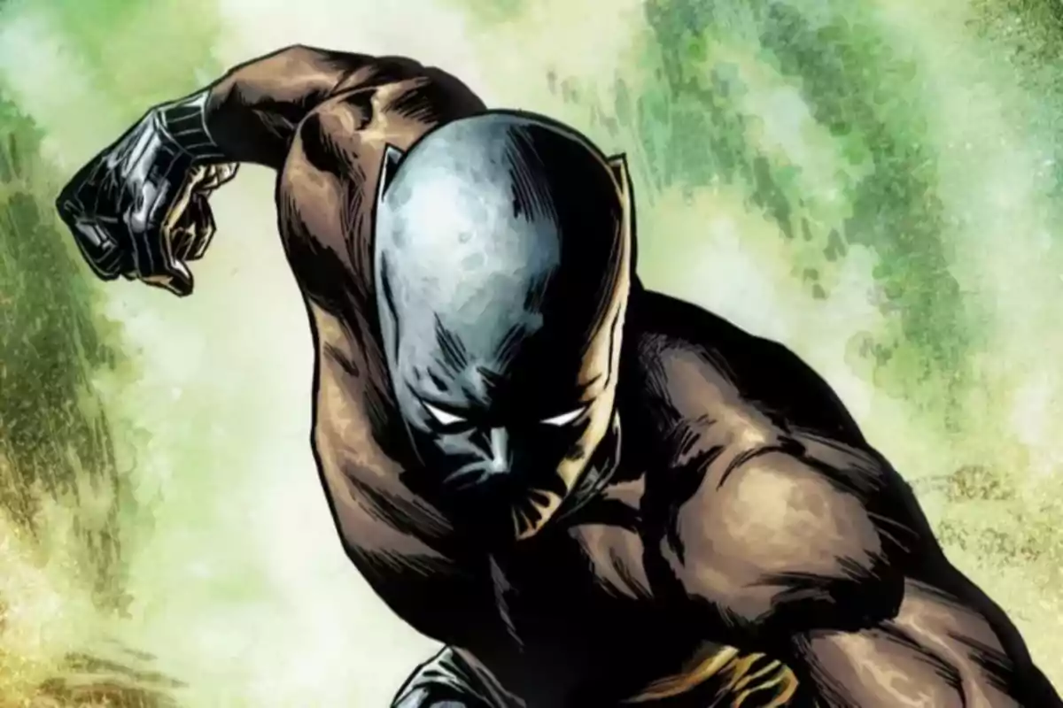 Superhero in a black suit in an attack stance against a blurred green background