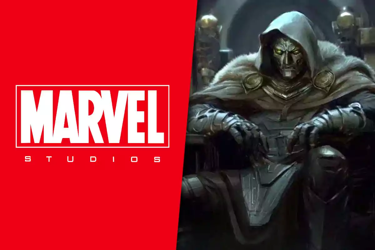 Logotipo de Marvel Studios a la izquierda y un personaje con armadura y capucha sentado en un trono a la derecha.