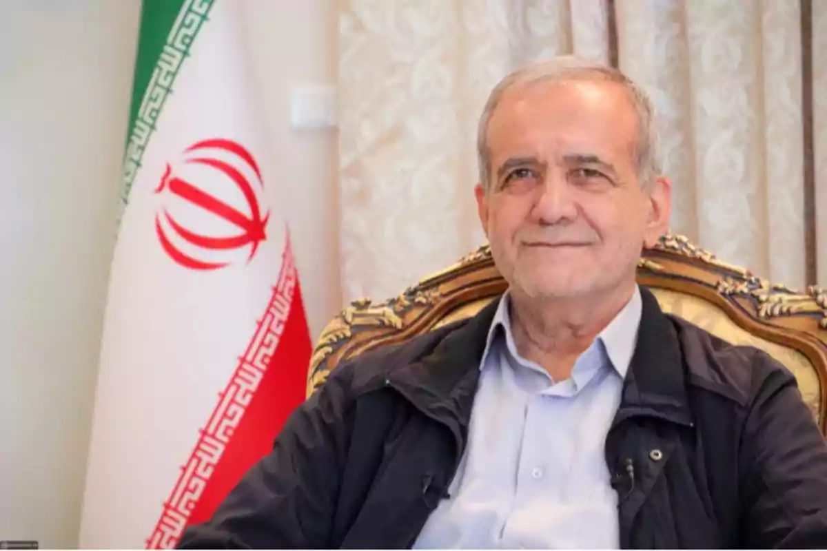 Elderly man sitting in an elegant chair with an Iranian flag in the background Elderly man sitting in an elegant chair with an Iranian flag in the background