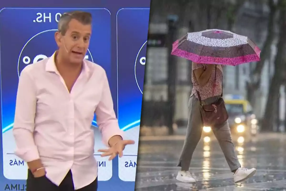 Un presentador del clima en un estudio de televisión y una persona caminando bajo la lluvia con un paraguas.