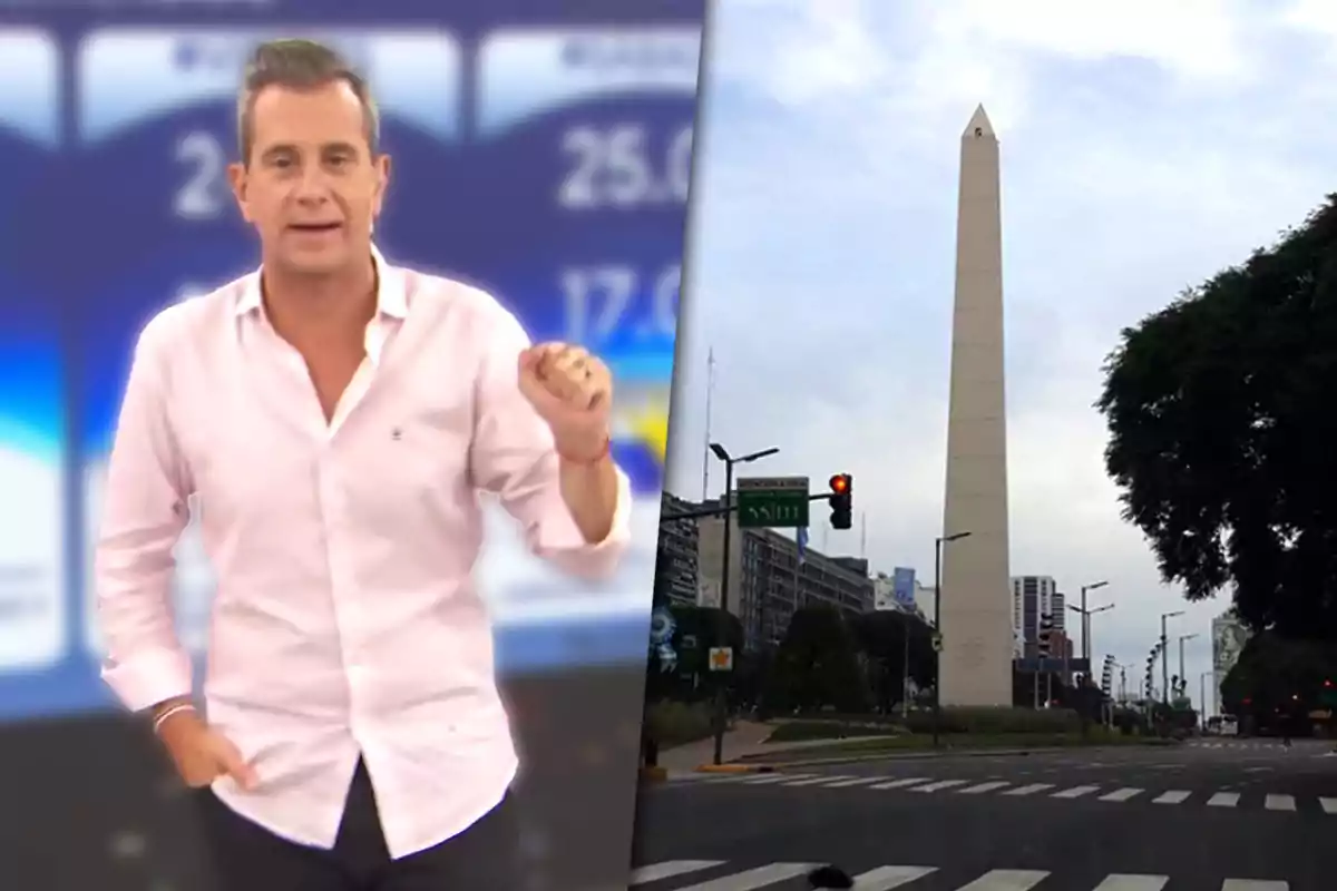 Matías Bertolotti in a white jersey appears in a television studio next to an image of the Obelisco of Buenos Aires on a cloudy day.