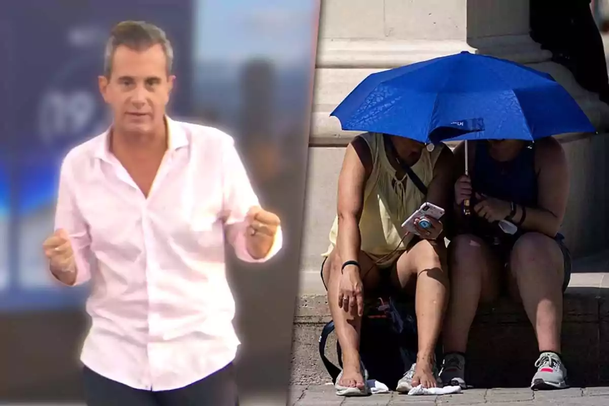 Un hombre con camisa clara aparece en un estudio de televisión mientras dos personas se protegen del sol bajo una sombrilla azul en una calle.