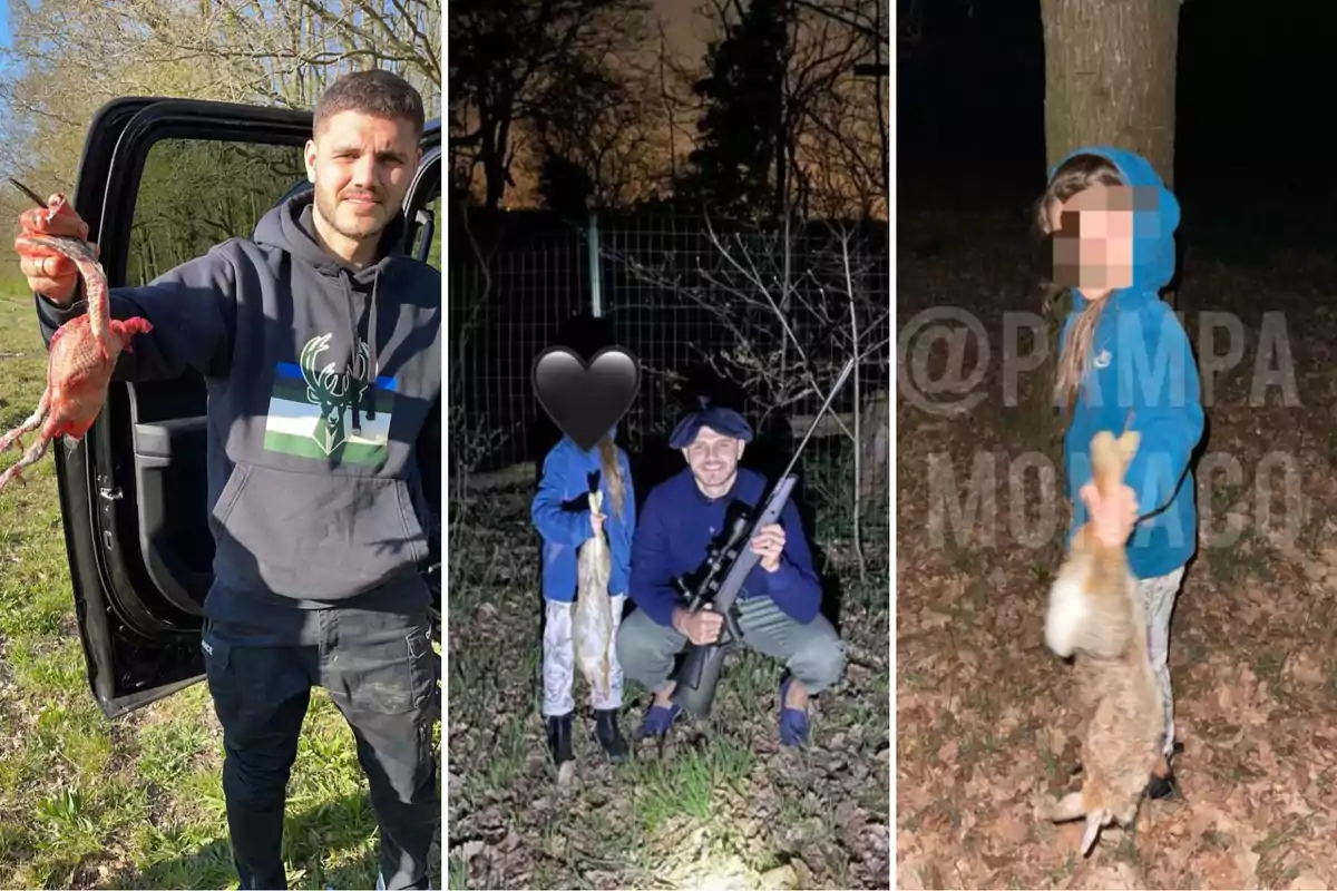 Personas posando al aire libre con animales cazados.