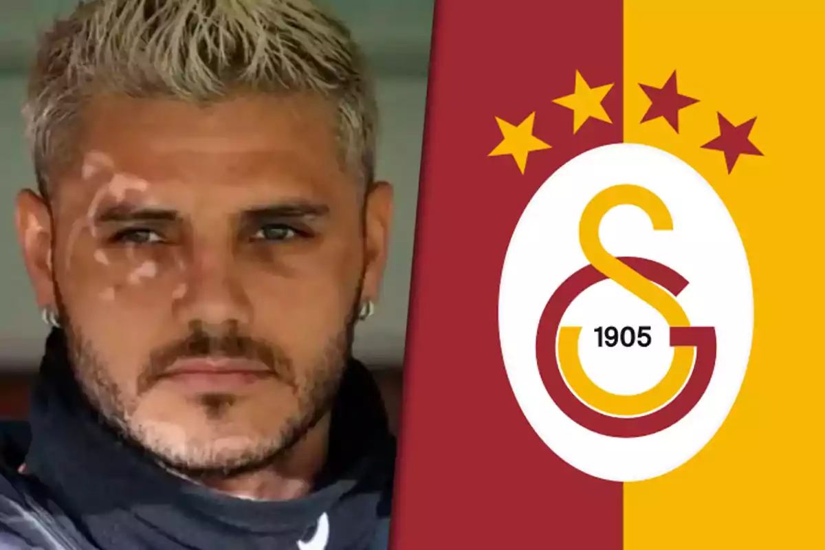A man with blonde hair and a beard next to the Galatasaray logo.