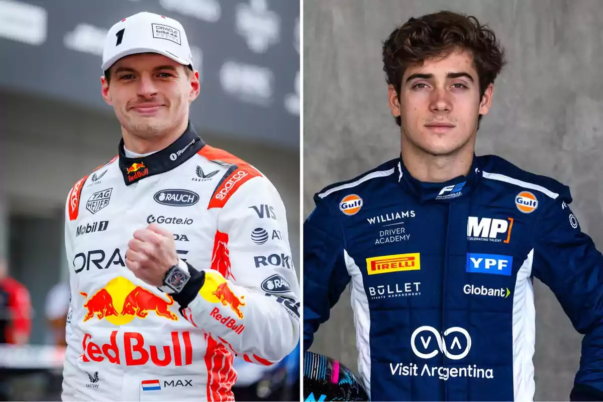Two racing drivers in racing suits, one in a Red Bull uniform and the other in a Williams uniform.