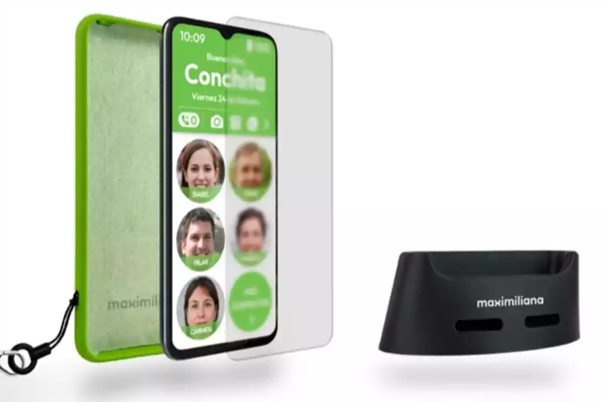 Teléfono inteligente con funda verde, pantalla con interfaz sencilla y base de carga negra Teléfono inteligente con funda verde, pantalla con interfaz sencilla y base de carga negra