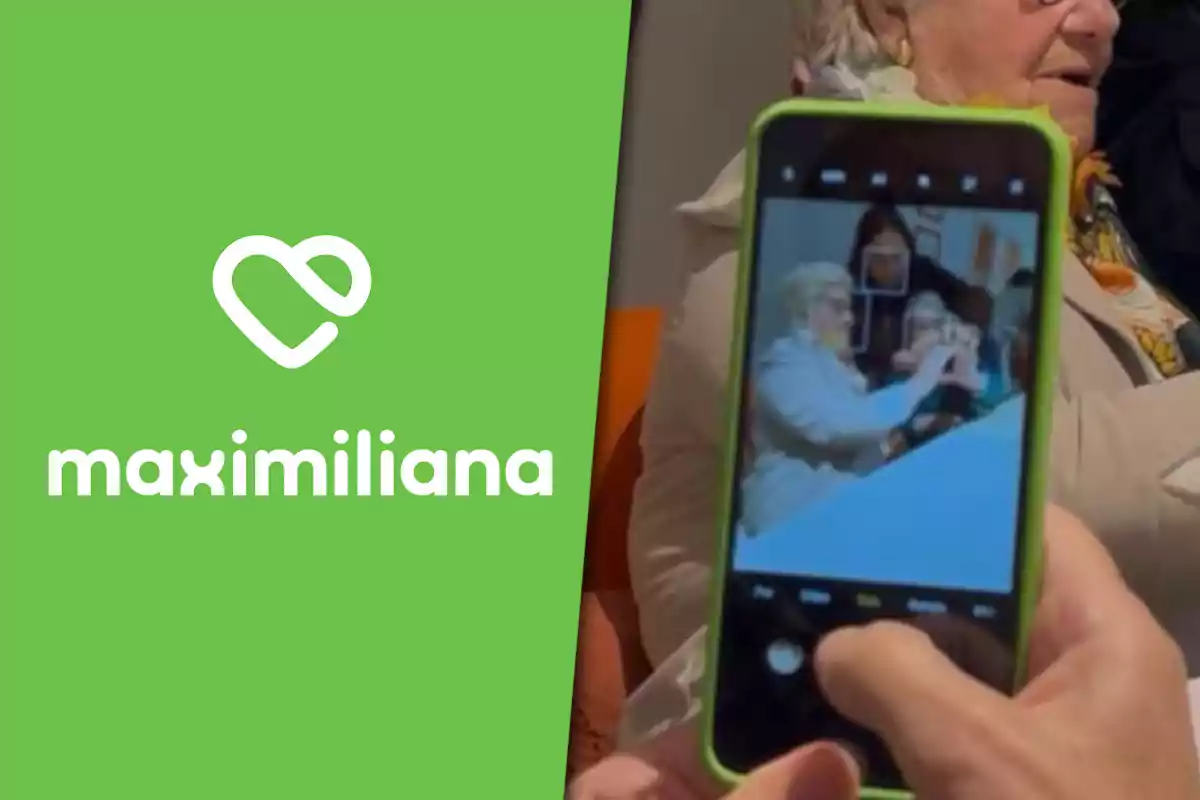 Logo de maximiliana sobre fondo verde junto a una persona mayor siendo fotografiada con un teléfono móvil