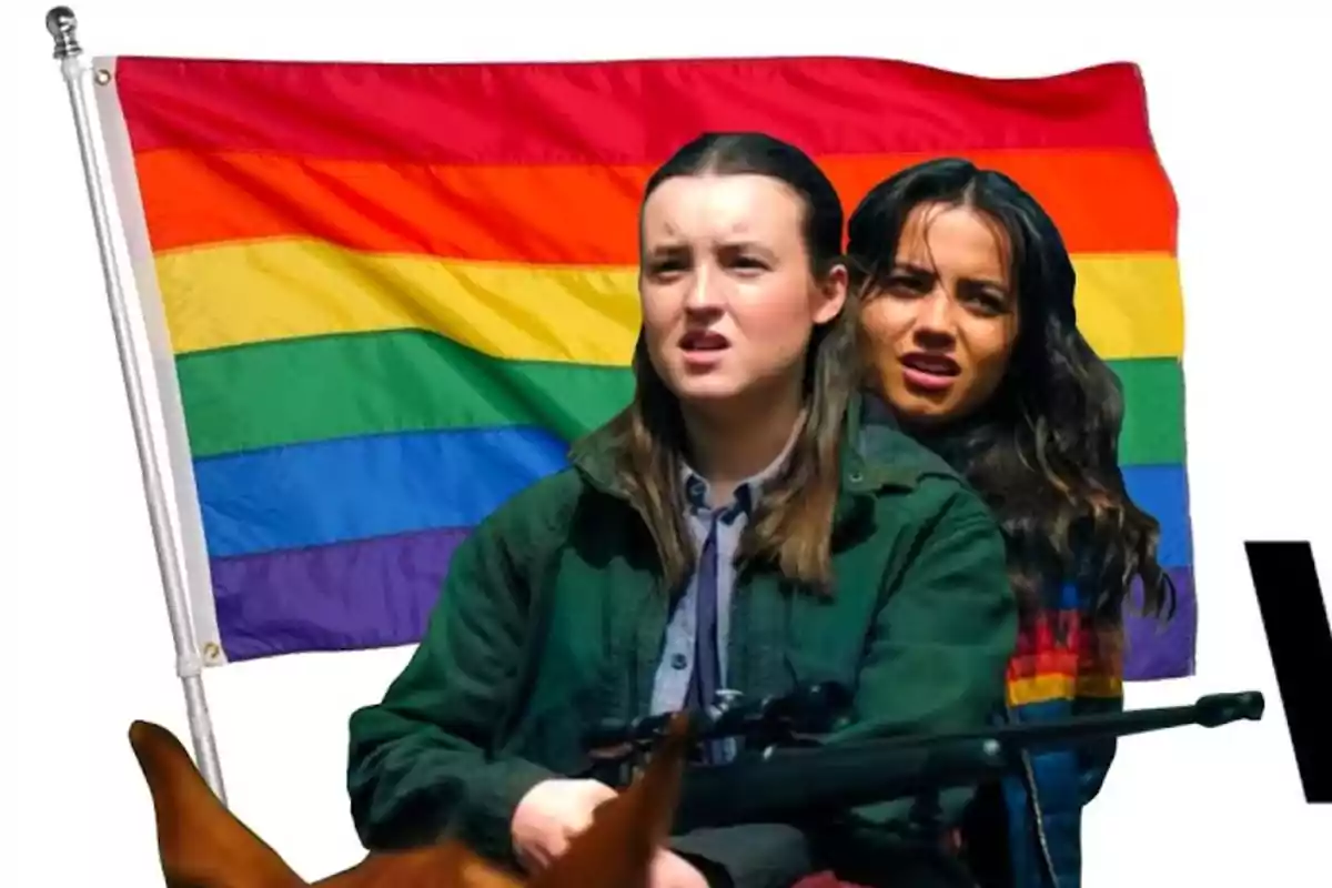 Two young people ride horses in front of a waving LGBT pride flag in the background.