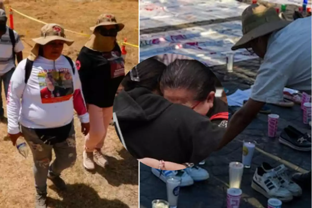 Personas caminando en un campo seco con sombreros y camisetas con imágenes, junto a una escena de velas y zapatos en el suelo.