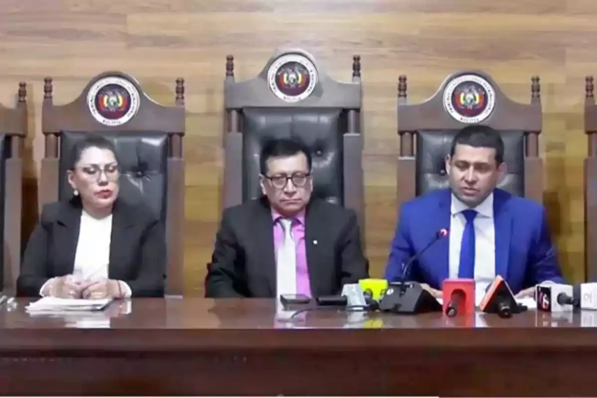 Three people in formal attire seated in large wooden chairs during a press conference in a room with a wooden background and microphones on the table.