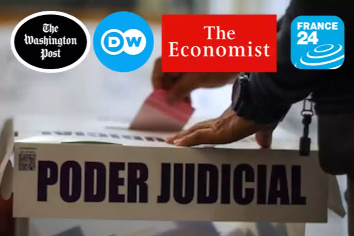 A hand places a ballot into a box labeled Judicial Branch while the logos of The Washington Post, DW, The Economist, and France 24 appear at the top of the image.