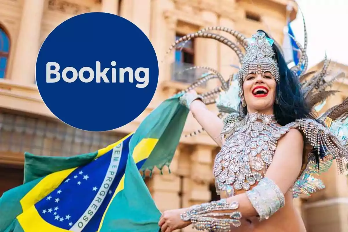 Imagen de una persona con traje de carnaval sosteniendo una bandera de Brasil junto al logo de Booking.