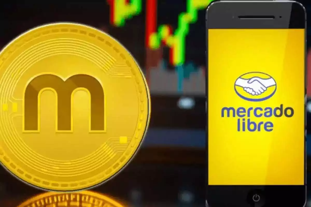 Digital currency next to a mobile phone with the Mercado Libre logo on the screen. Digital currency next to a mobile phone with the Mercado Libre logo on the screen.