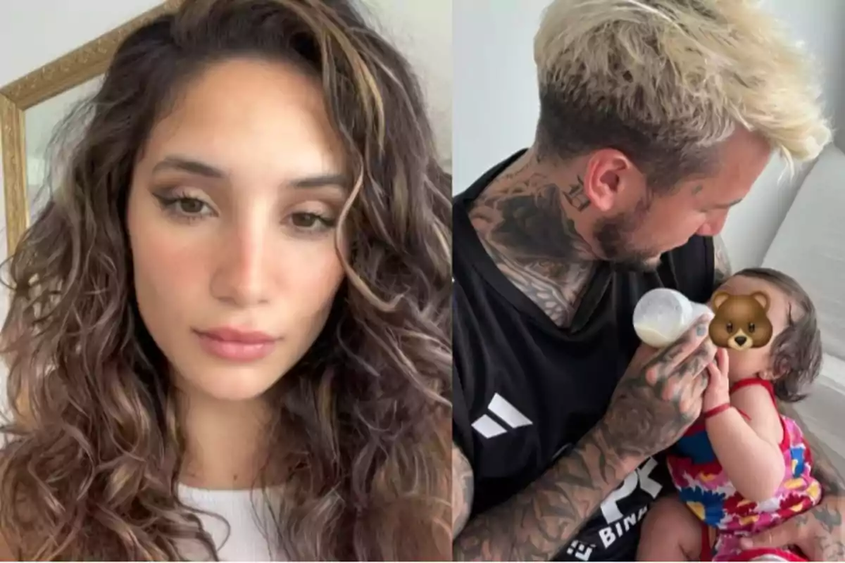 Una mujer con cabello rizado y maquillaje natural está a la izquierda, mientras que a la derecha un hombre con tatuajes y cabello rubio sostiene a un bebé al que alimenta con un biberón; el rostro del bebé está cubierto con un emoji de oso. Una mujer con cabello rizado y maquillaje natural está a la izquierda, mientras que a la derecha un hombre con tatuajes y cabello rubio sostiene a un bebé al que alimenta con un biberón; el rostro del bebé está cubierto con un emoji de oso.