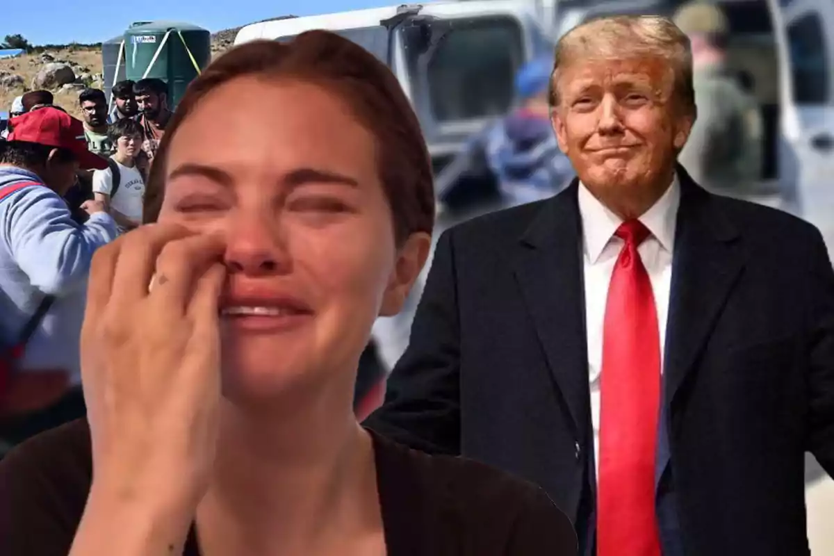 Selena Gomez llorando de frente, mientras que detrás se ve a Donald Trump sonriendo en un fondo con gente siendo deportada.