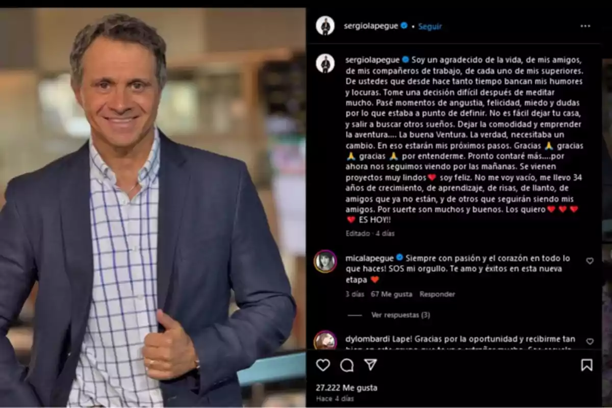 Un hombre con traje oscuro y camisa a cuadros sonríe frente a la cámara. A la derecha, se muestra un texto extenso en una publicación de Instagram con varios comentarios de apoyo.