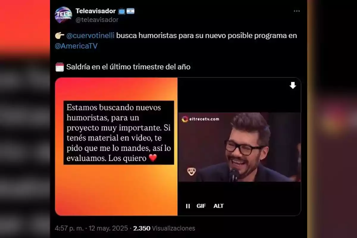 @cuervotinelli está buscando humoristas para un nuevo programa en @AmericaTV, que saldrá en el último trimestre del año. @cuervotinelli está buscando humoristas para un nuevo programa en @AmericaTV, que saldrá en el último trimestre del año.