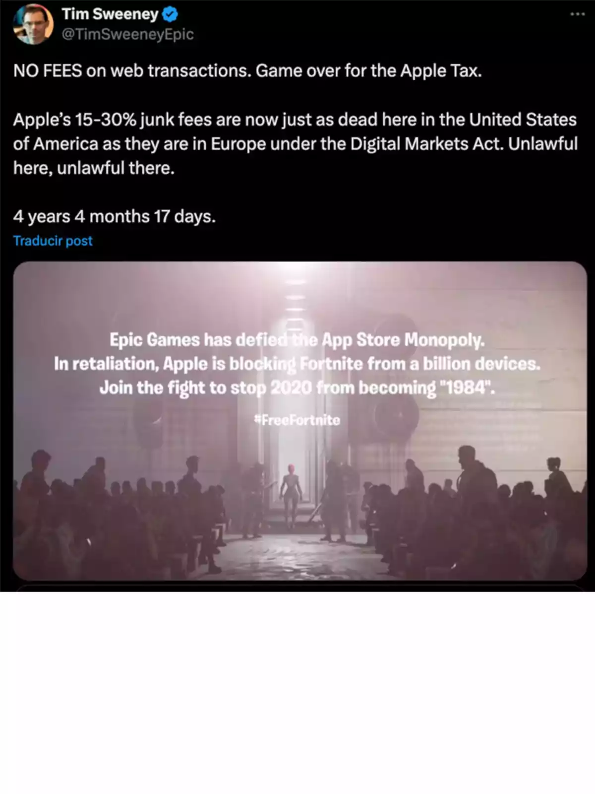 Tim Sweeney announces the end of fees on web transactions and criticizes Apple's fees in the United States and Europe, mentioning their illegality under the Digital Markets Act, accompanied by an image of Epic Games challenging the App Store monopoly and Apple's blocking of Fortnite. Tim Sweeney announces the end of fees on web transactions and criticizes Apple's fees in the United States and Europe, mentioning their illegality under the Digital Markets Act, accompanied by an image of Epic Games challenging the App Store monopoly and Apple's blocking of Fortnite.