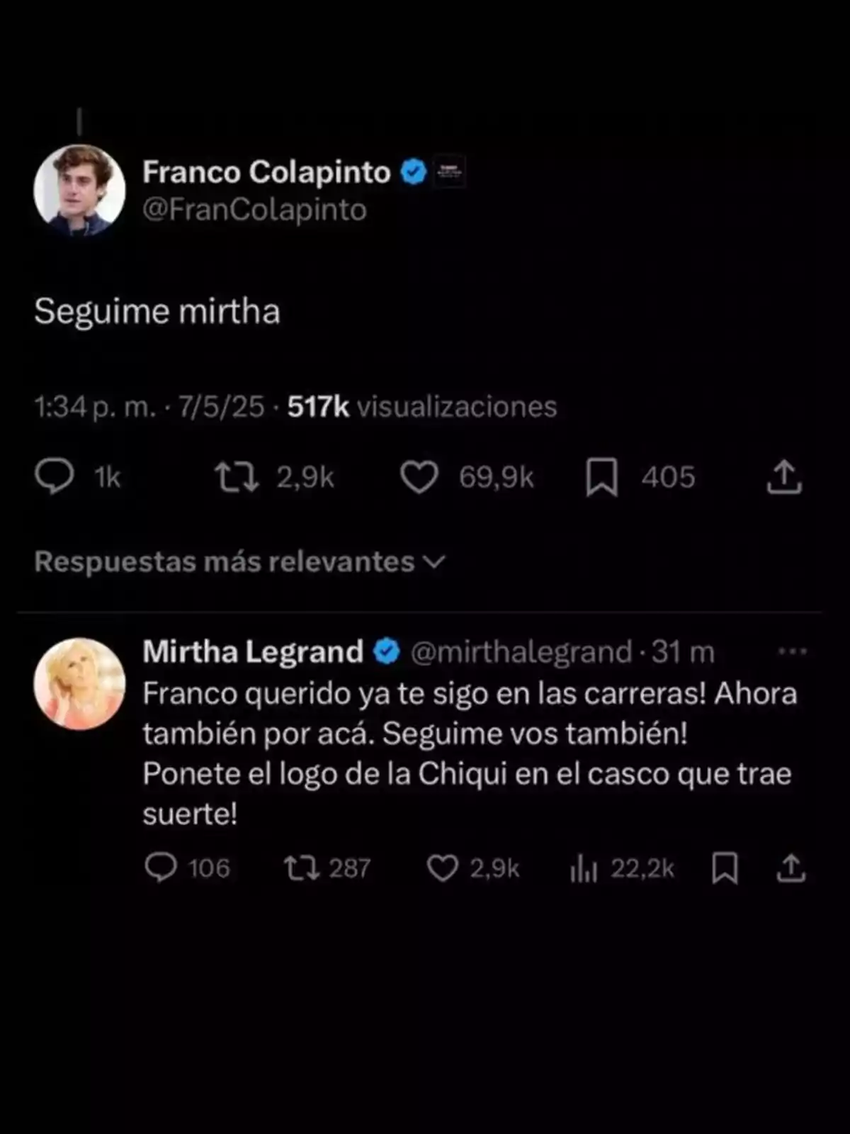 Una captura de pantalla de un intercambio en Twitter entre dos usuarios verificados. El primer usuario pide que lo sigan, mientras que el segundo usuario responde que ya lo sigue en las carreras y le sugiere que se ponga un logo en el casco para tener suerte. Una captura de pantalla de un intercambio en Twitter entre dos usuarios verificados. El primer usuario pide que lo sigan, mientras que el segundo usuario responde que ya lo sigue en las carreras y le sugiere que se ponga un logo en el casco para tener suerte.