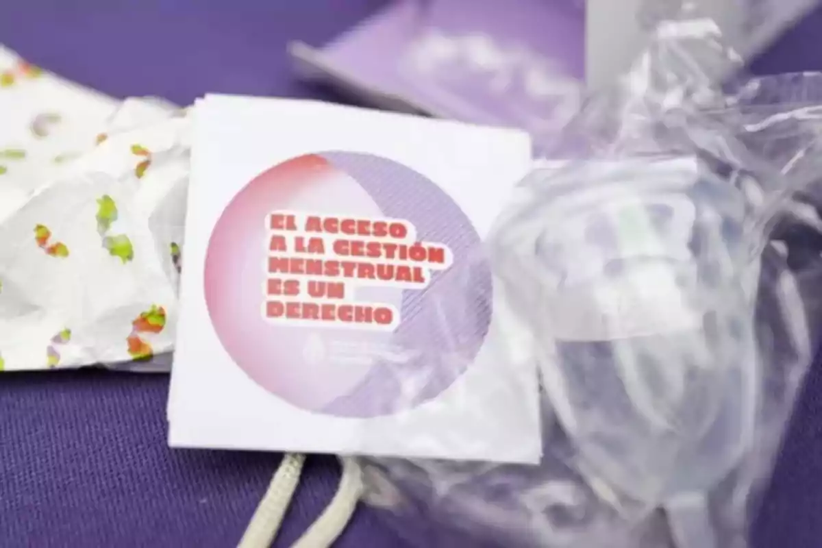 Un paquete de productos menstruales sobre una superficie morada con un mensaje que destaca la importancia del acceso a la gestión menstrual como un derecho. Un paquete de productos menstruales sobre una superficie morada con un mensaje que destaca la importancia del acceso a la gestión menstrual como un derecho.