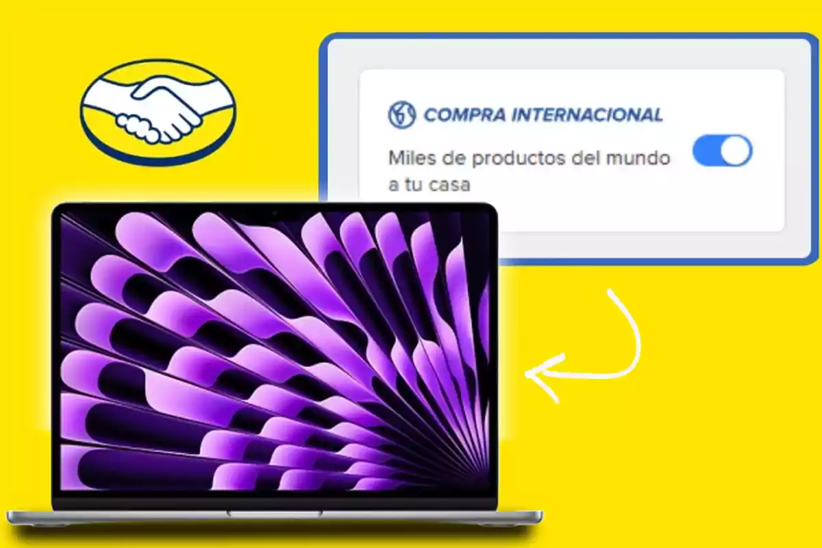 Computadora MacBook Air con pantalla de diseño abstracto en tonos morados sobre fondo amarillo con icono de manos estrechadas y texto que dice "Compra Internacional" indicando disponibilidad de productos globales en la plataforma de Mercado Libre