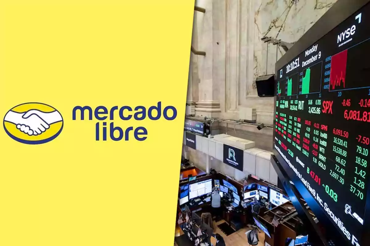 Logotipo de Mercado Libre junto a una imagen de la bolsa de valores con pantallas mostrando datos financieros.