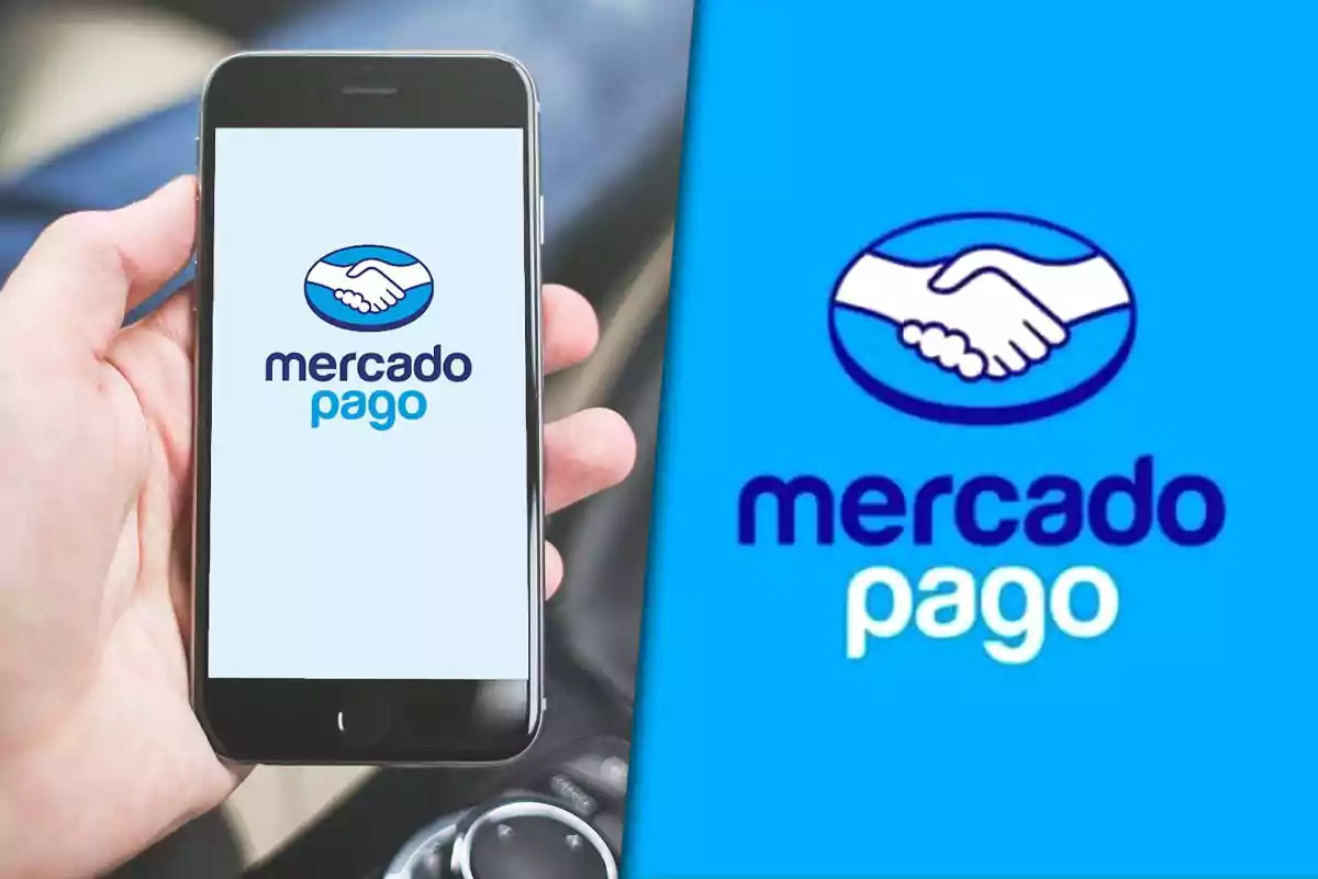 Una mano sostiene un teléfono móvil que muestra el logotipo de una aplicación de pagos, con un diseño de dos manos estrechándose y el texto "mercado pago", junto a una imagen ampliada del mismo logotipo.