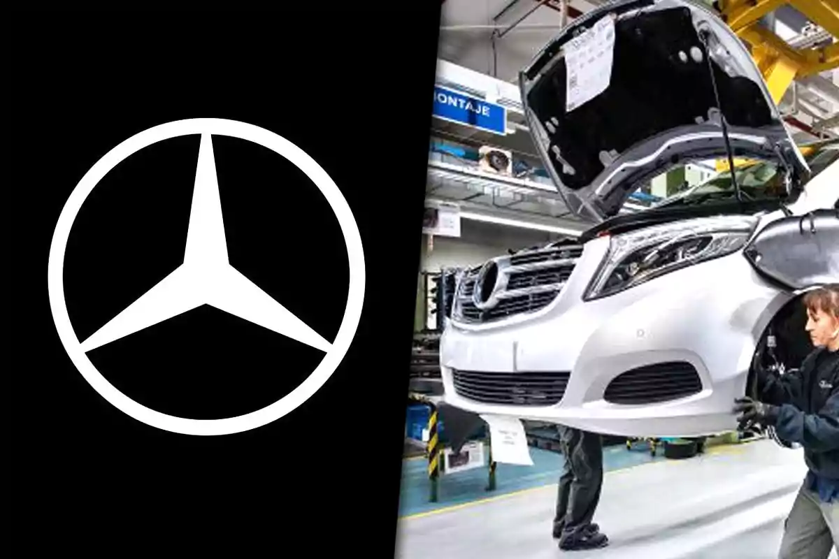 Mercedes-Benz logo next to an image of a white car being assembled in a factory