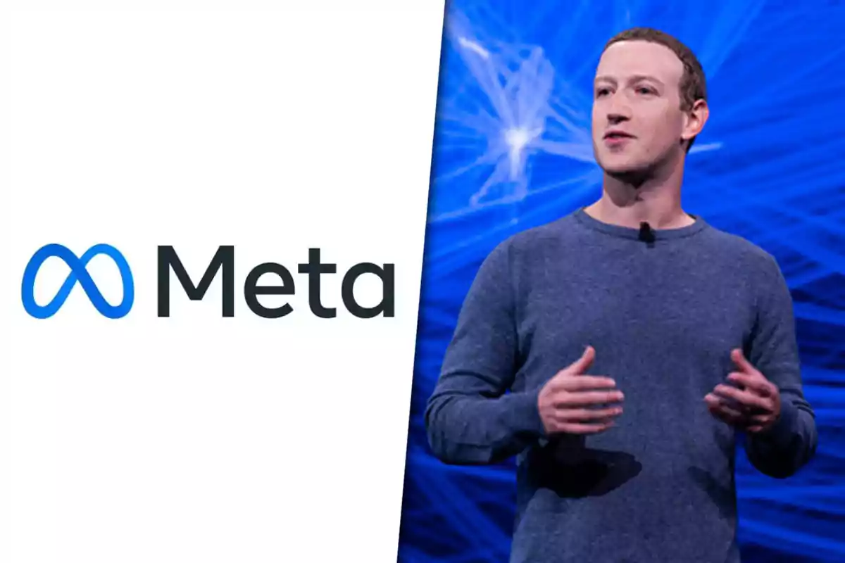 Logo de Meta junto a un hombre hablando en un escenario con fondo azul