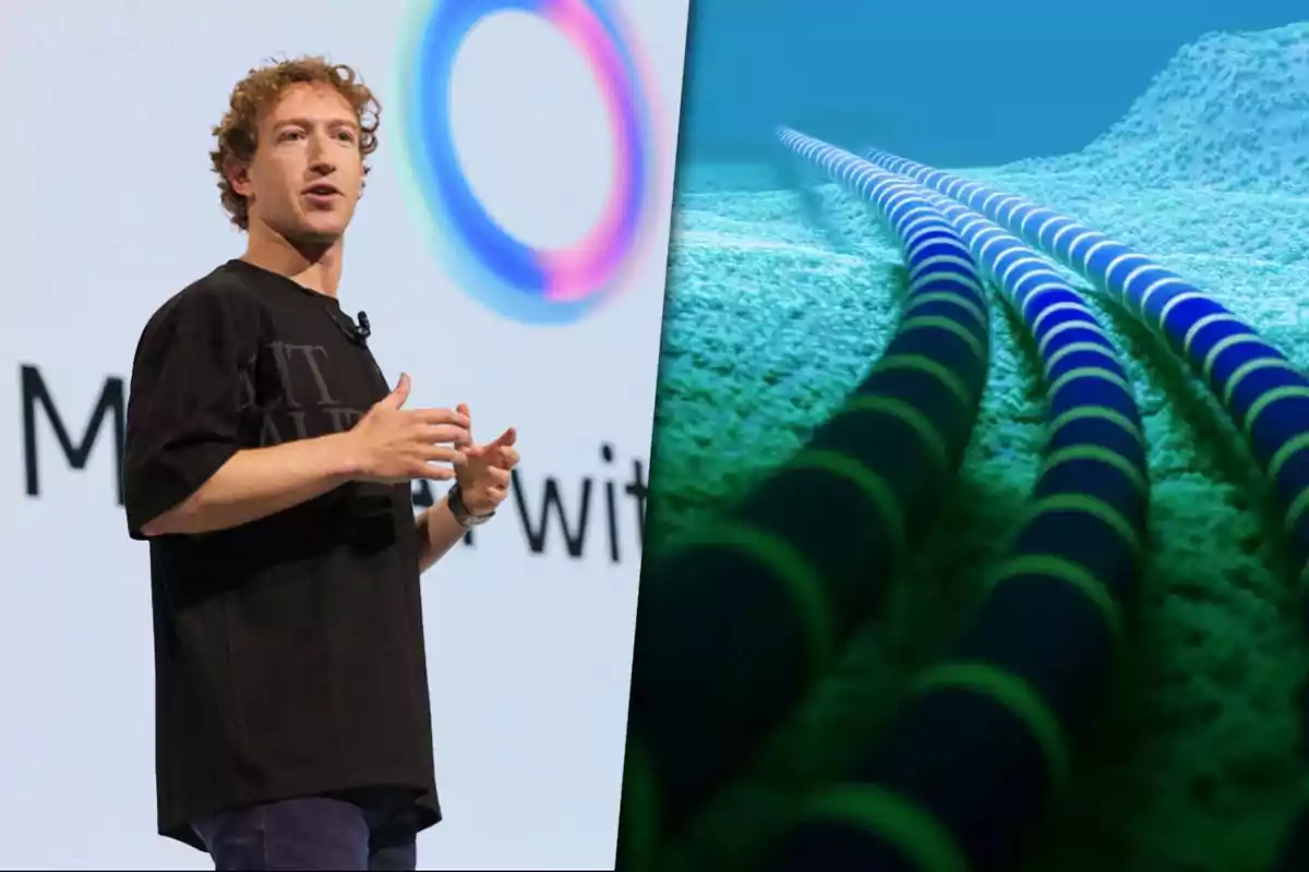 Mark Zuckerberg, CEO of Meta, speaking on a stage next to an image of underwater cables.