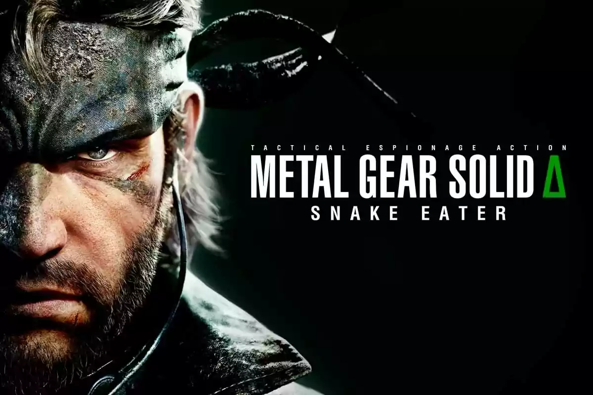 Close-up of a man's face with a headband and camouflage paint next to the title Metal Gear Solid Delta Snake Eater on a dark background Close-up of a man's face with a headband and camouflage paint next to the title Metal Gear Solid Delta Snake Eater on a dark background
