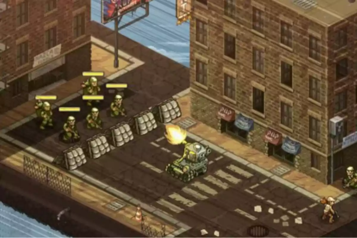 Una escena de videojuego con soldados detrás de barricadas y un tanque disparando en una calle urbana.