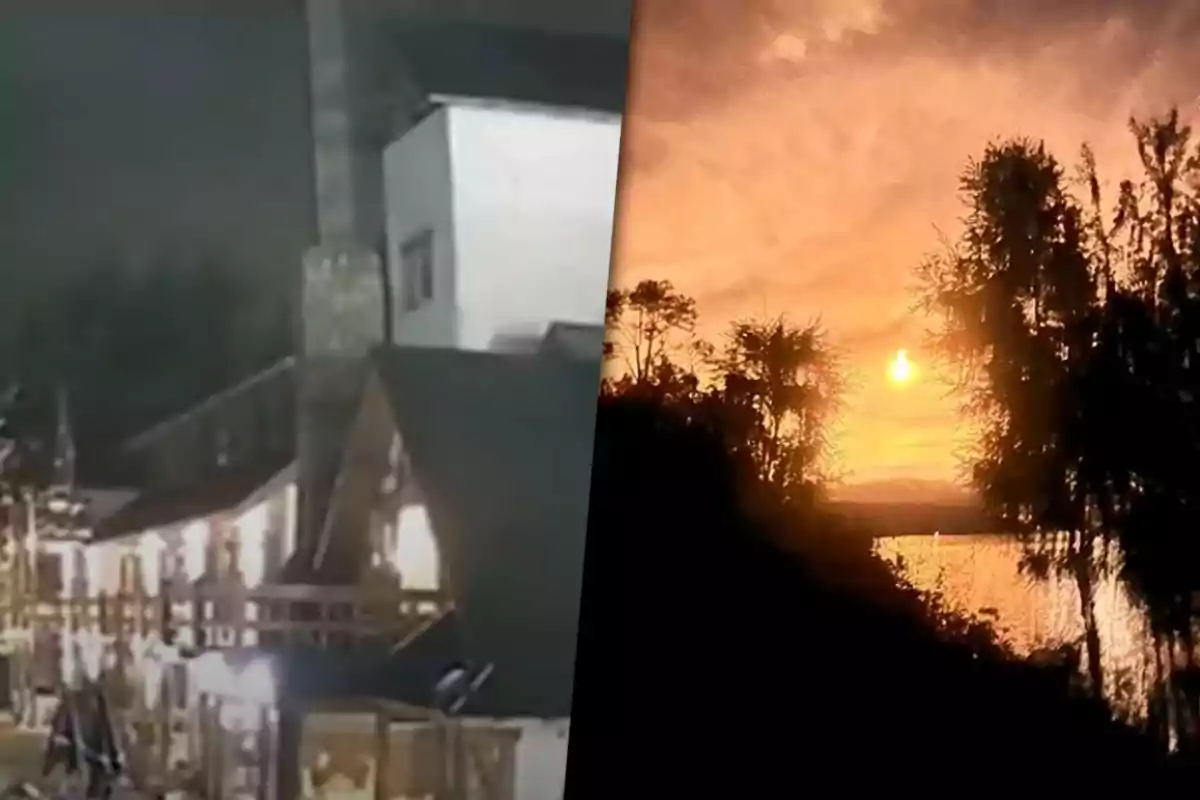 Una imagen dividida muestra a la izquierda un edificio iluminado por la noche y a la derecha un paisaje con un atardecer sobre un lago y siluetas de árboles.