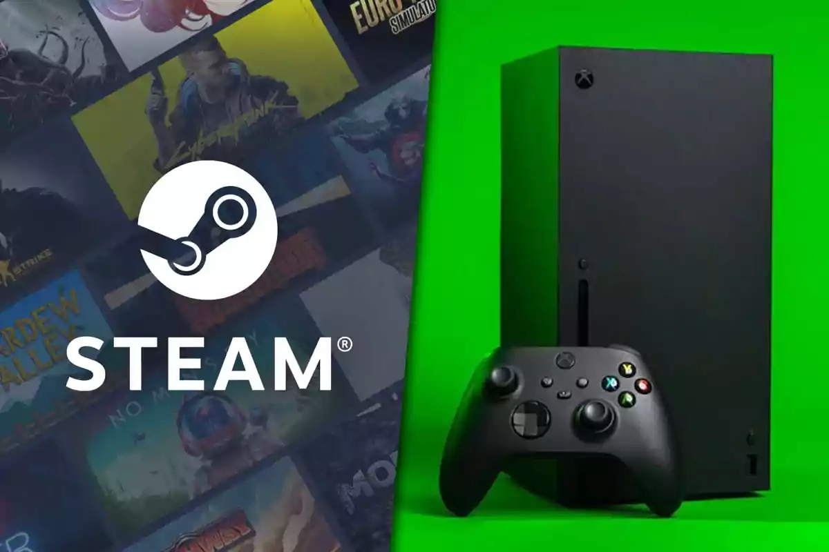 The image shows the Steam logo next to a black video game console with a controller, on a green background.
