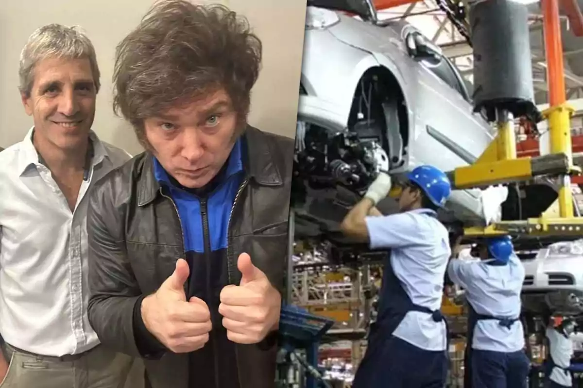 Two men pose for the camera while on the other half of the image an automobile assembly line can be seen, with workers wearing blue helmets.