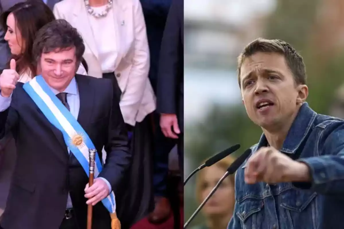 Dos hombres en diferentes contextos, uno con una banda presidencial y el otro hablando en un micrófono.