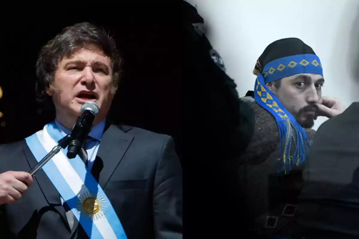 Dos hombres en diferentes contextos; uno con traje y banda presidencial hablando por un micrófono, y otro con vestimenta tradicional y un pañuelo azul con detalles amarillos, mirando hacia la cámara.