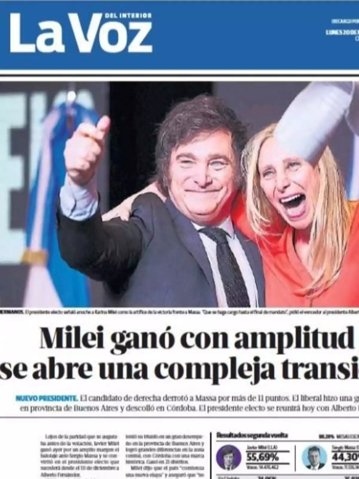 Portada del diario La Voz con una foto de Javier Milei y una mujer celebrando sonrientes, acompañados por el titular que anuncia la victoria de Milei en las elecciones y la apertura de una compleja transición Portada del diario La Voz con una foto de Javier Milei y una mujer celebrando sonrientes, acompañados por el titular que anuncia la victoria de Milei en las elecciones y la apertura de una compleja transición