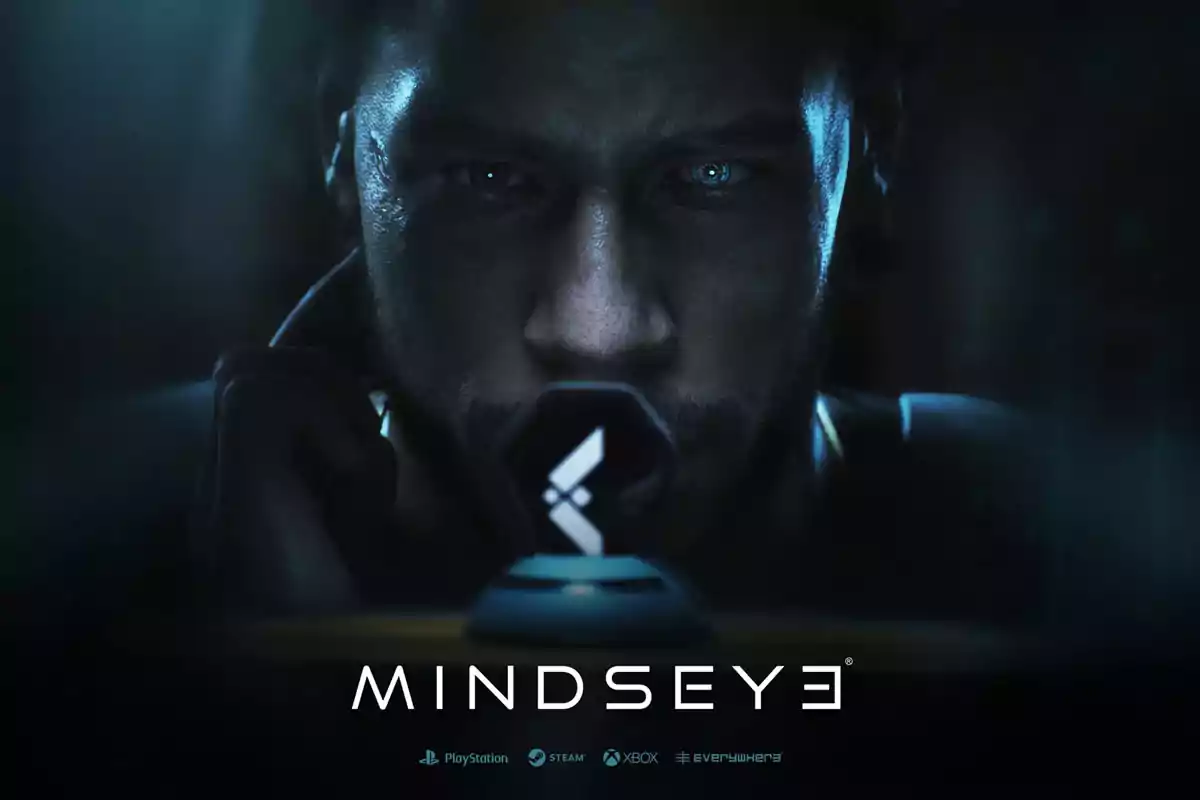 Primer plano de un hombre con expresión seria y ojos brillantes mirando un objeto futurista con el logo de Mindseye y el título del juego en la parte inferior Primer plano de un hombre con expresión seria y ojos brillantes mirando un objeto futurista con el logo de Mindseye y el título del juego en la parte inferior