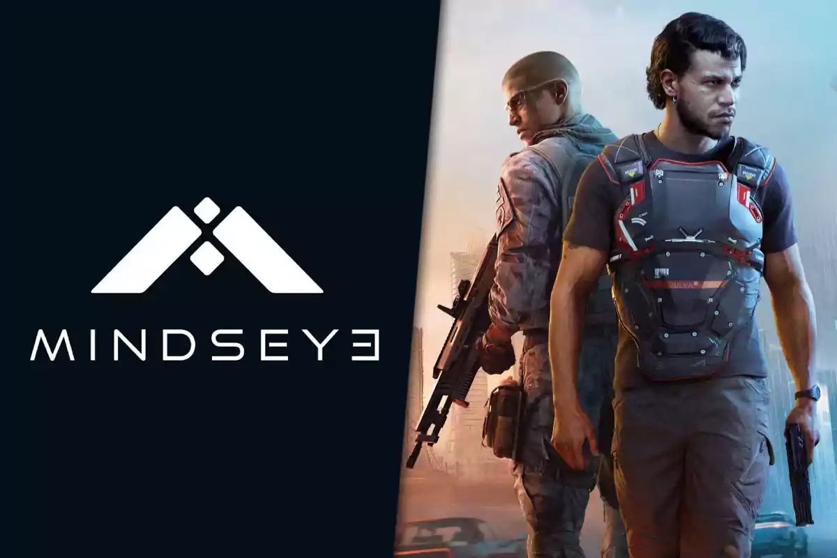 Logo de Mindseye junto a dos personajes de videojuego en actitud desafiante, uno con armadura futurista y otro con uniforme militar y rifle