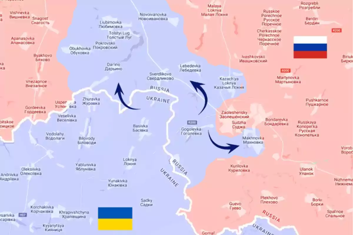 Mapa que muestra la frontera entre Ucrania y Rusia con áreas en azul y rojo, flechas indicando movimientos y las banderas de Ucrania y Rusia.